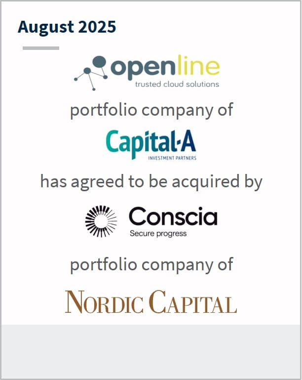 August 2025 Open Line Trusted Cloud Solutions portfolio company of Capital-A Investment Partners has agreed to be acquired by Conscia Secure Progress portfolio company of Nordic Capital